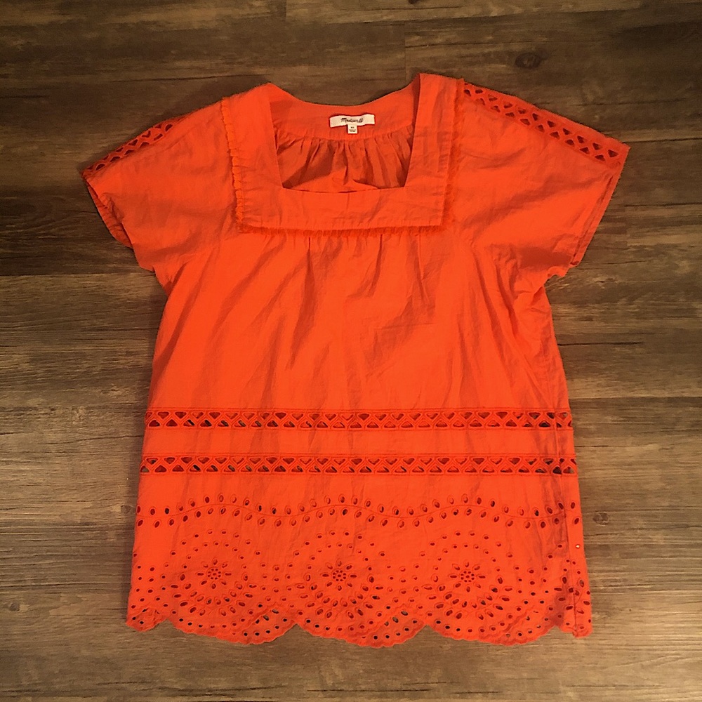 Madewell crochet eyelet coral short sleeve blouse sz XS